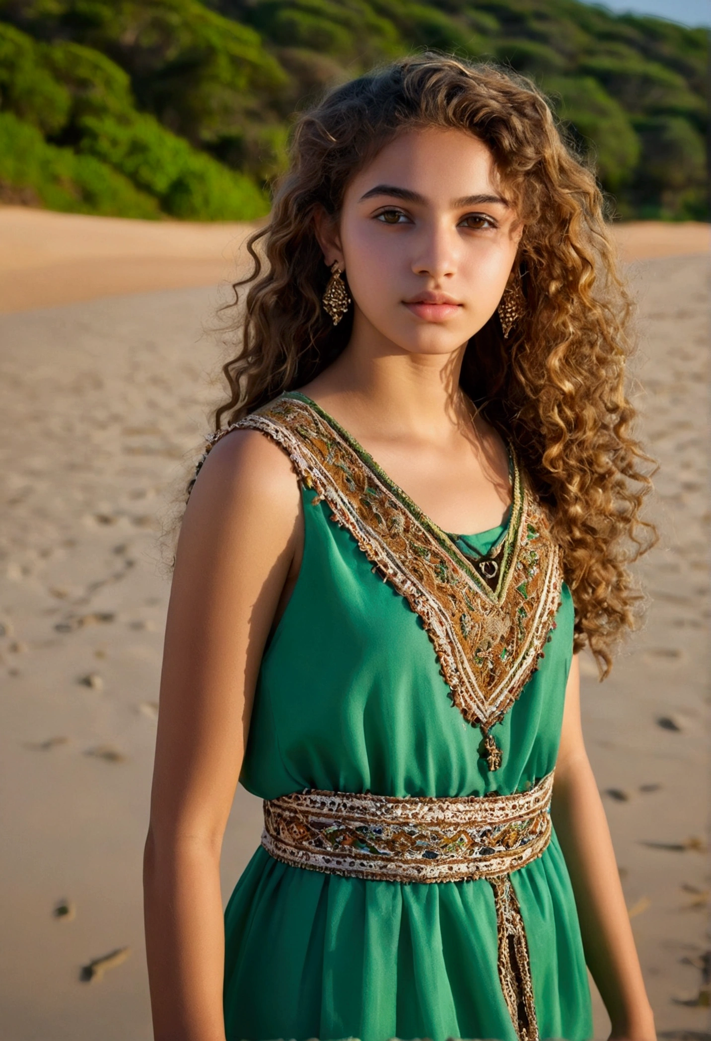1 girl in, 19yearsold, standing alone, aesthetic art, a beautiful Algerian Berber model, wavy light brown hair, hair to the shoulders, beautiful Berber face, light greenish-brown eyes, skin fair, thin face, runner&#39;s body, wearing a traditional Algerian Kabyle dress, (texturized skin, skin pore:1.1), shiver, seductively pose, (open air:1.1), standing in the Gouraya National Park in the background, bright sunny, naturallight, Nikon Z8 + NIKKOR Z 24-120 mmf/4S On the beach