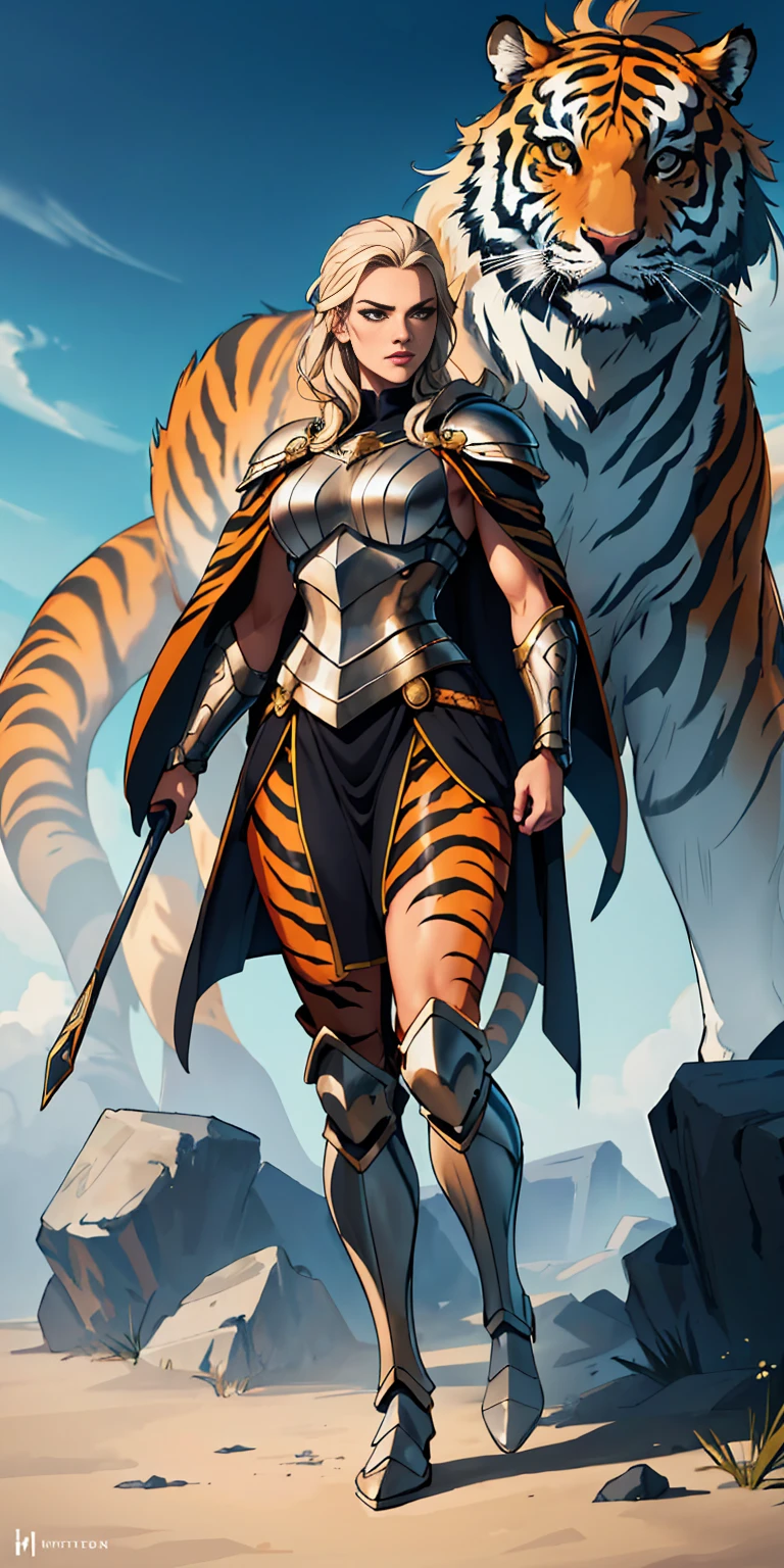 1 Girl (implying one person, likely female) Full Body: Standing with perfect symmetry Muscular Build: Strong and defined physique Turned Arms: Muscular arms positioned behind her back Theme: Epic Fantasy: Set in a fantastical world Asgard: Inspired by Norse mythology (can be subtle or more prominent) Valkyrie/Lady Knight: Combining elements of a fierce warrior and noble protector A motif incorporated into her armor, clothing, or environment (tiger stripes, or a tiger pelt cloak) Visual Style: Hyper Realistic: Incredibly lifelike detail Masterpiece: Exceptional quality 8K Resolution: Sharp and high definition Detailed Drawing: Intricate and richly textured Superior Quality: The best possible rendering Epic Composition: Dramatic and visually stunning