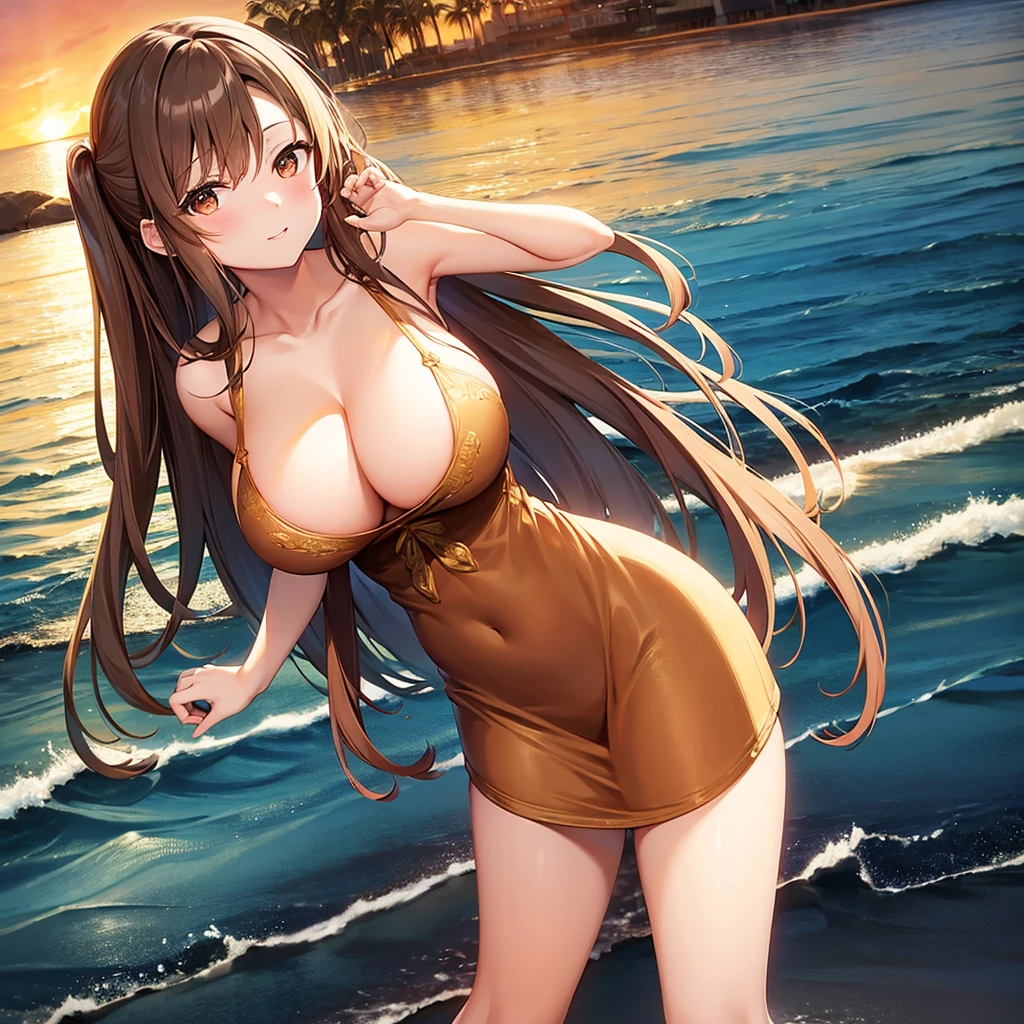 ((Highest quality)), ((masterpiece)), (detailed),Perfect Face,Strong light,With front light,Fully nude teen with one leg over her head on a nudist beach,