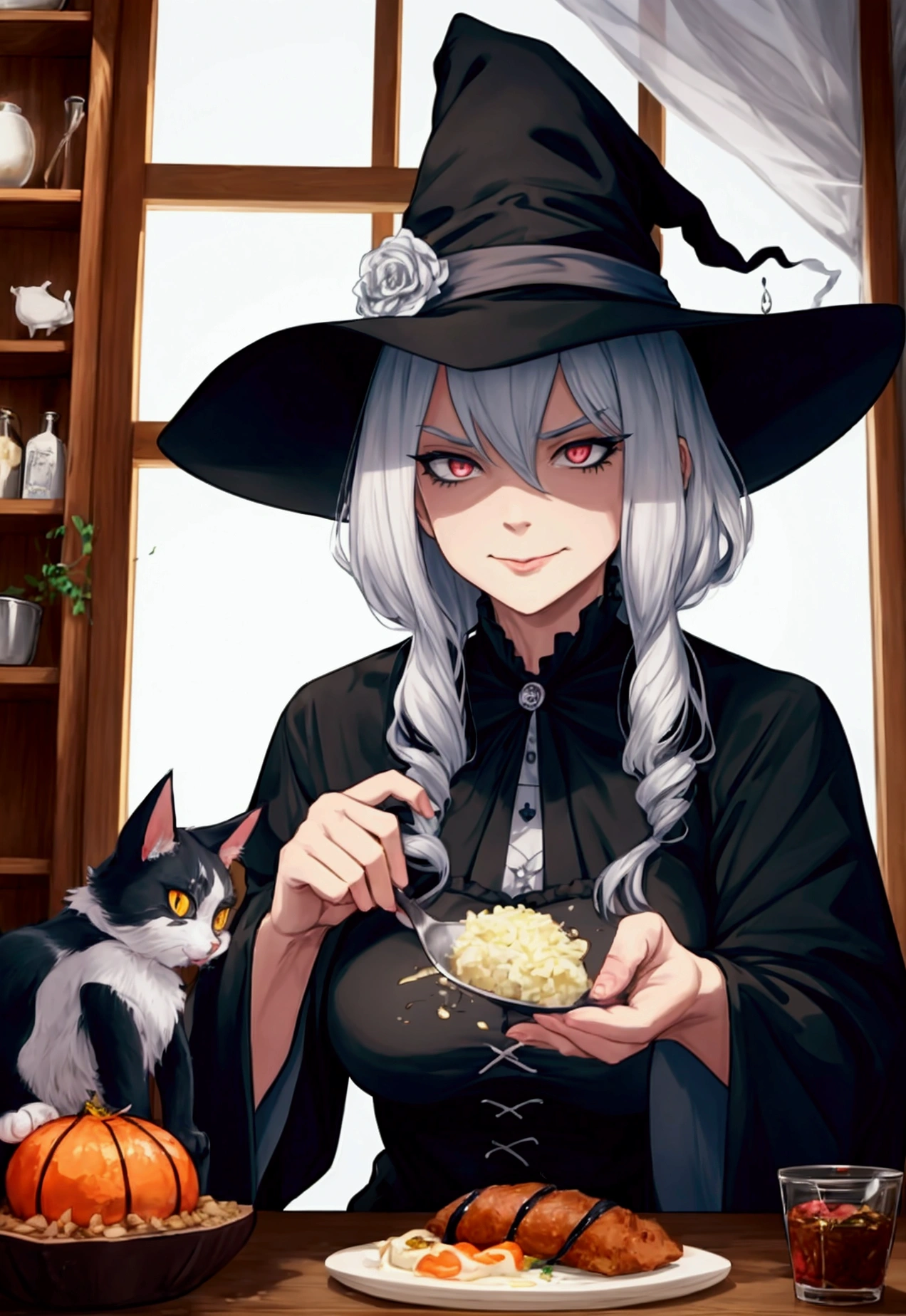 an evil old witch prepares food with her pet cat
