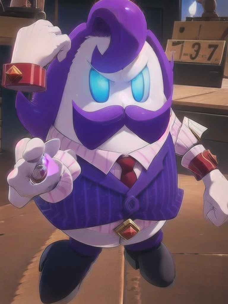  haltmann, purple hair, purple mustache, arms, wearing a dark blue suit with pink vertical lining, pink shirt, red tie, black shoes, gold suit button with a red diamond, pale purple gloves, pink cuffs, pale purple skin, blue eyes, golden earpiece with antenna