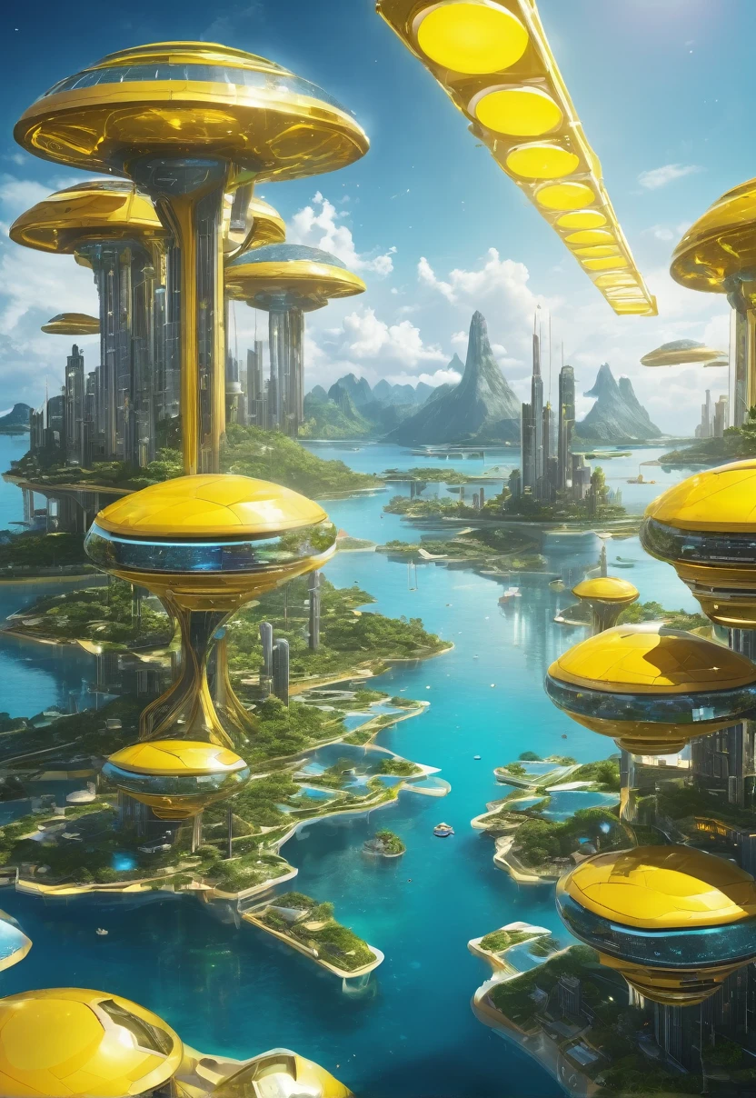 Wide angle, futuristic paradisiacal city with islands and floating buildings with yellow solar lights, strong solar reflection, yellow giant star