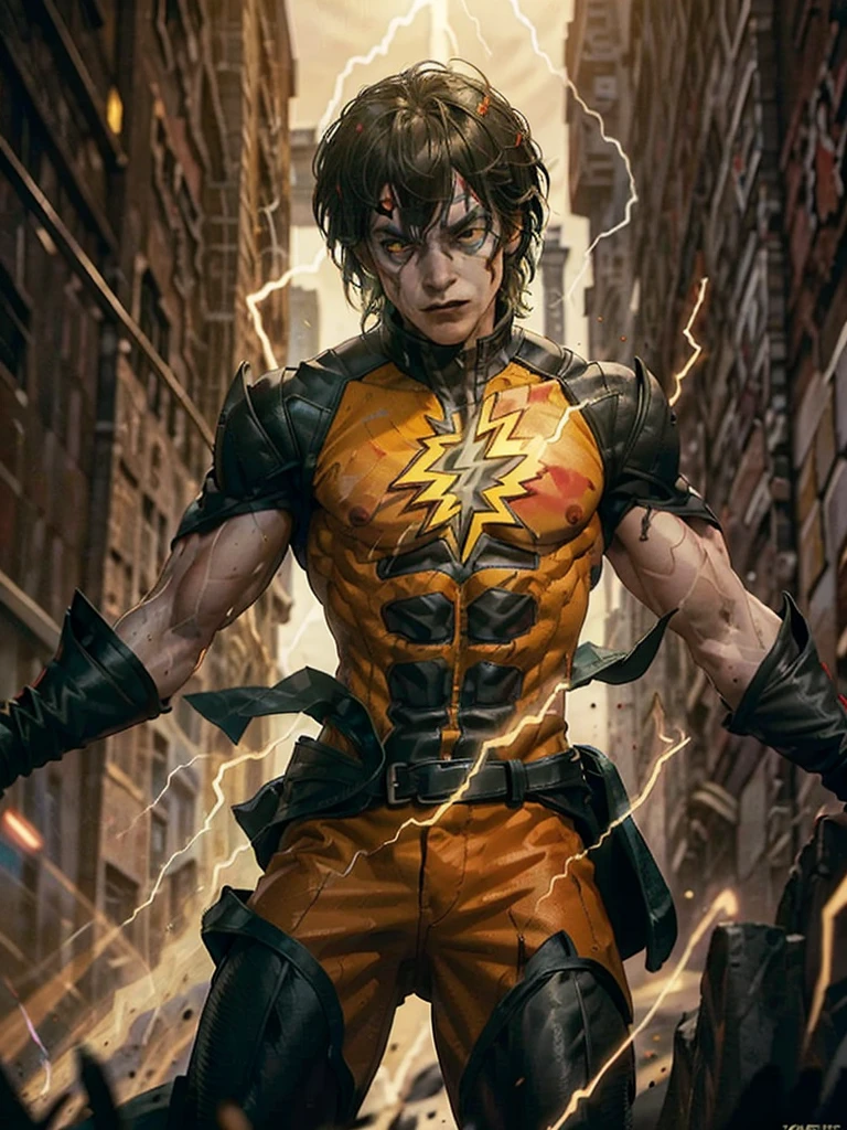 Reverse Flash stands atop a lightning-struck tower, his eyes glowing with malevolent power. His costume is a black and red blur, with a glowing yellow lightning bolt emblazoned on his chest. His hands crackle with electrical energy, ready to unleash his devastating power.