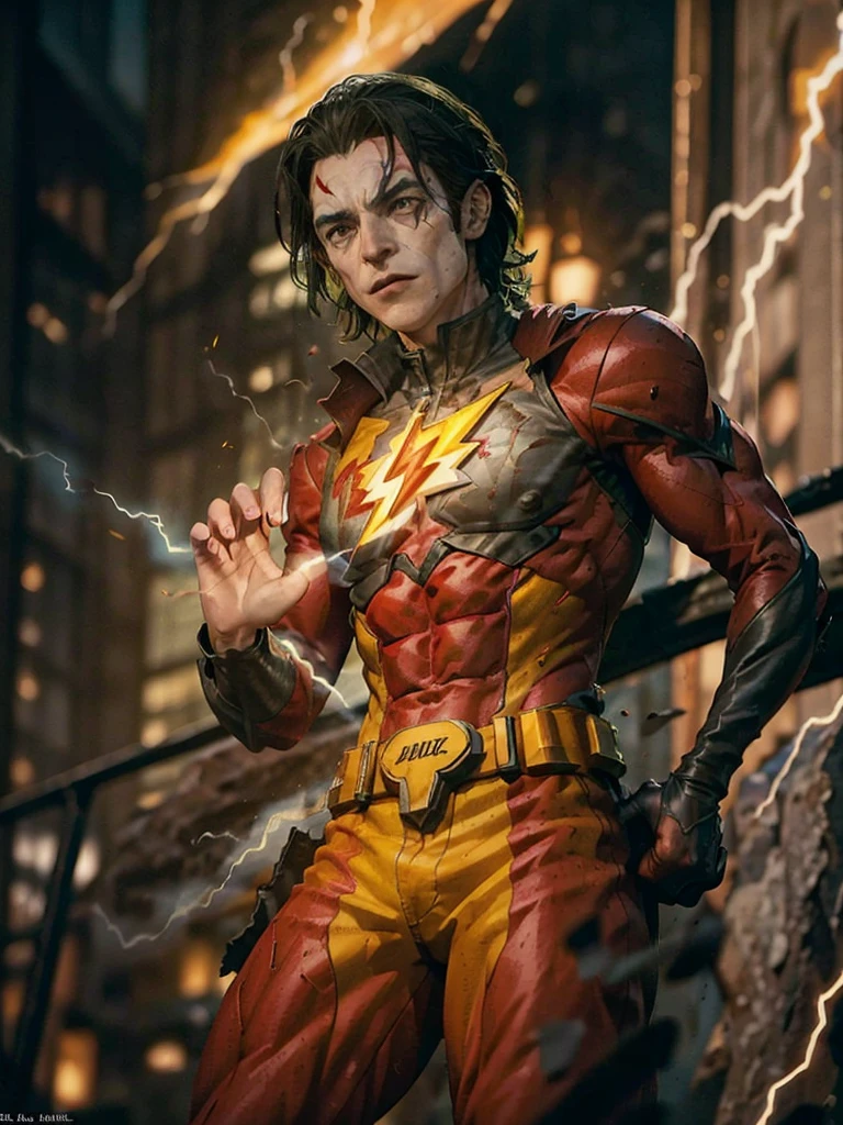 Reverse Flash stands atop a lightning-struck tower, his eyes glowing with malevolent power. His costume is a black and red blur, with a glowing yellow lightning bolt emblazoned on his chest. His hands crackle with electrical energy, ready to unleash his devastating power.

