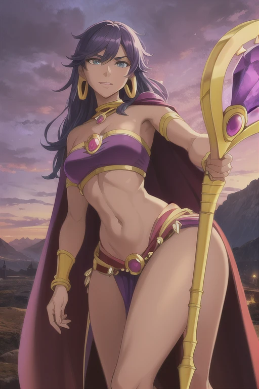 Fantasy style, Fantasy environment, A beautiful young sorceress (1 girl), dark-skinned female, with long purple flowing hair, purple eyes, purple iris, mascaras purple eyeshadow, smile, purple lipstick, skin covered in purple markings, ((Wearing: golden ringed earrings, purple cape, purple strapless top, purple loincloth, pelvic curtain, golden armlets, golden boots)), ((Holding a golden staff)), looking mature and alluring at 28 years old, (detailed eyes, detailed lips, extremely detailed face), intricate detailed portrait, photo realistic, 8k, highly detailed, cinematic lighting, warm color palette, castle ruins background, detailed foliage, golden hour lighting, dramatic lighting, dramatic pose, sensual, alluring, captivating gaze, masterpiece, (Night time, ethereal and magical atmosphere, outdoors, dark clouds in the sky, purple lighting, purple and magenta aroura's in the surroundings, gorgeous view of the mountains)