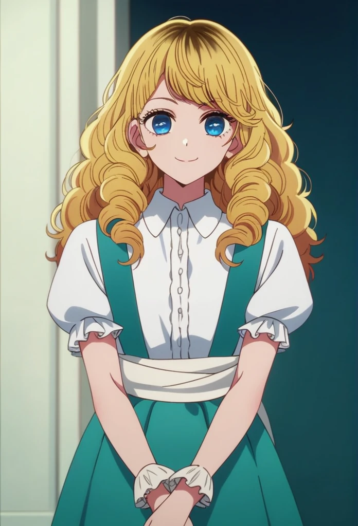 oshi_no_ko_style,blonde curls,sidecurls,fluffy fringe bangs,blue eyes,long eyelashes,cowboyshot,standing,,soft smile,long hair,masterpiece,highres,absurdres,(white puffy short sleeves),collared blouse,solo,frilled cuffs,,teen,(baby blue pinafore dress),frilled wristgloves,frilled sweatheart neckline,white sash around the waist,peter pan collar,side curls,princess curls,puffy skirt ended in a frilled white hemline