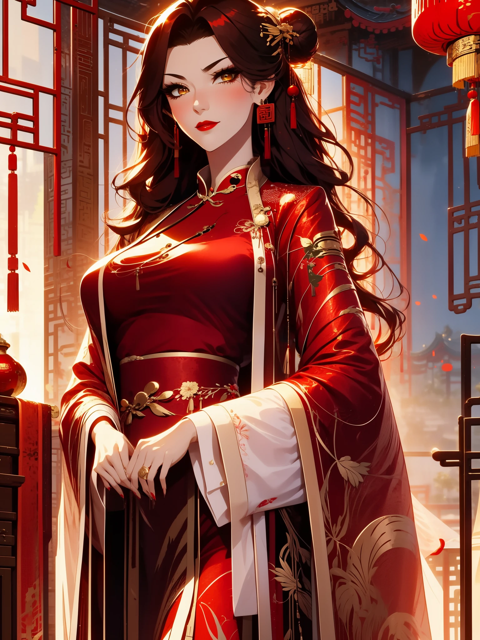 score_9, score_8_up, score_7_up, score_6_up, score_5_up, score_4_up, Xian Mei, golden eyes, red curly hair, tied hair, hair in a bun, hairpin, traditional Chinese red wedding hanfu dress, Yourqipao Red Embroidery Chinese Xiuhe Hanfu Women's Satin Cheongsam Ancient Traditional Chinese Bride , Wedding Dress, Long Dresses, long earrings, red lipstick, detailed eyes, traditional wear, sexy attractive, hot, traditional, smiling, happy, blush, red veil,