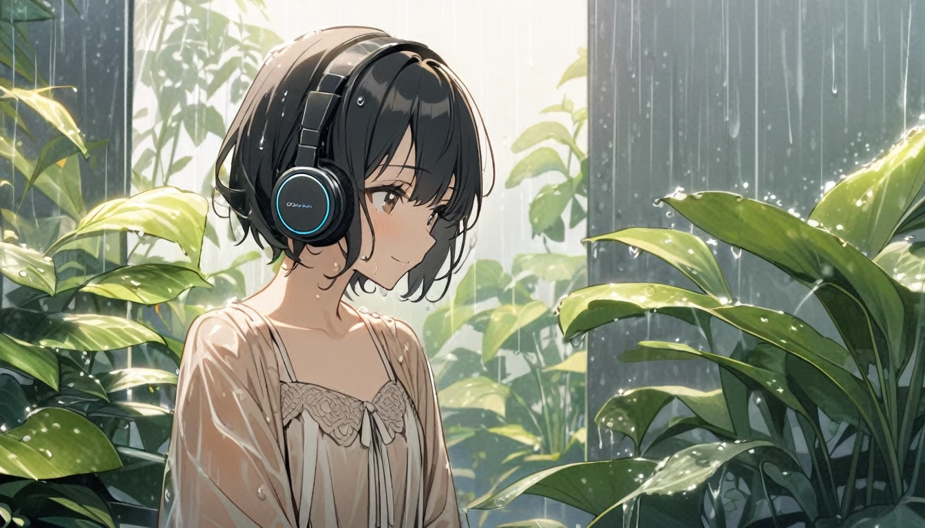 1girl, solo, gentle smile on her face flat chest, short hair, black hair, upper body, A woman in her twenties wearing a pastel brown gown listening to music from her music headphone while being wet in the pouring rain, plants in the backgroun