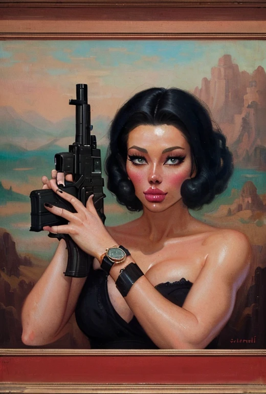 painting of a man with a gun and a watch in the background, arte lowbrow, surreal paintingista, surrealista lowbrow, epic surrealism oil painting 8k, vulgar surrealism, 4 k surrealism, arte lowbrow style, highly detailed surrealist art, surreal oil painting, pop surrealism arte lowbrow style, surreal painting, surreal paintingista, pj bandit, Salvador Dalli style