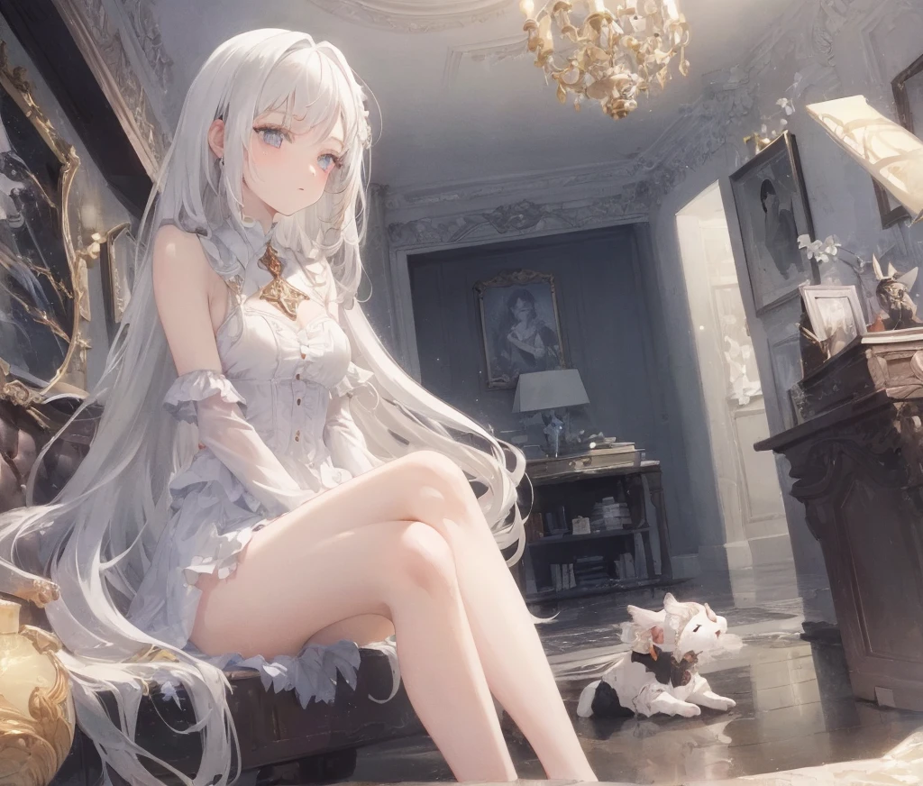((Masterpiece, Best quality))++, Detailed light+, Detail hair+, detail hand+ ,1girll, woman, Long hair, dark red eye, Beautiful eyes, Young gray hair,,(Beautiful white hair:1.5),(Beautiful detailed eyes), , high resolution+, Masterpiece, , Glass tones, Reflective eyes, {{Angle}} , extremelydetailedwallpaper, Original,full bodyesbian,Bedrooms,upper legs, Beth,starrysky,Issuing,,swim wears,,naturey,,