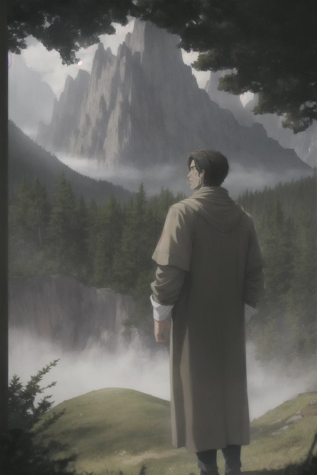 cinematic film, Realistic photograph,
A man stands in awe, gazing at the majestic mountains that tower above Aether Valley. Their peaks, shrouded in mist, seem to touch the heavens. The man is dressed in simple, earth-toned clothing, blending with the natural surroundings. His expression is one of profound respect and wonder, as if he's witnessing a sacred moment. The early morning light casts long shadows, highlighting the rugged texture of the mountains and the man's thoughtful silhouette. The air is fresh and cool, carrying the scent of pine and earth.
,shallow depth of field, vignette, highly detailed, high budget, bokeh, cinemascope, moody, epic, gorgeous, film grain, grainy,