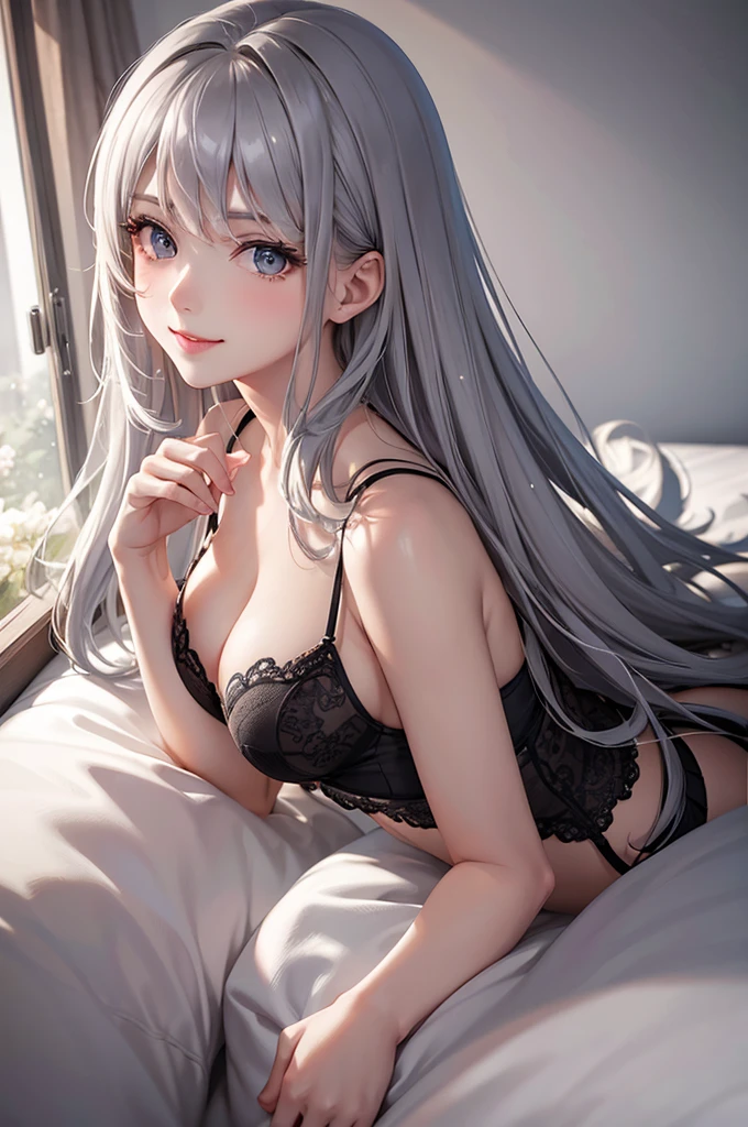 Best Quality,High resolution,8k,finelity detailed background,Masterpiece:1.2),beautiful girl,Glossy romance gray hair,asymmetrical hair,Gray eyes,Gentle look,A refreshing look,smile,Best quality,Best Quality,Aesthetic and aesthetic:1.2,Best details((Super detailed))(High-definition CG illustrations),Upper Body,Dark grey underwear,Slender body,night,moon,Bedroom,On the bed,smile,blush,cute,Scrounge,Looking up,Being spoiled,super model,wariza,shoot from,above