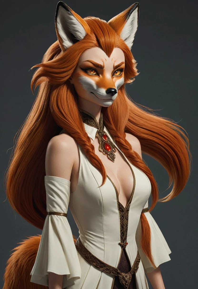 Create a full-body illustration of an anthropomorphic fox woman with elegant long hair and five distinct, bushy tails. The character should exude a sinister and mischievous aura, with a snickering, sinister expression that highlights her cunning and devious nature
