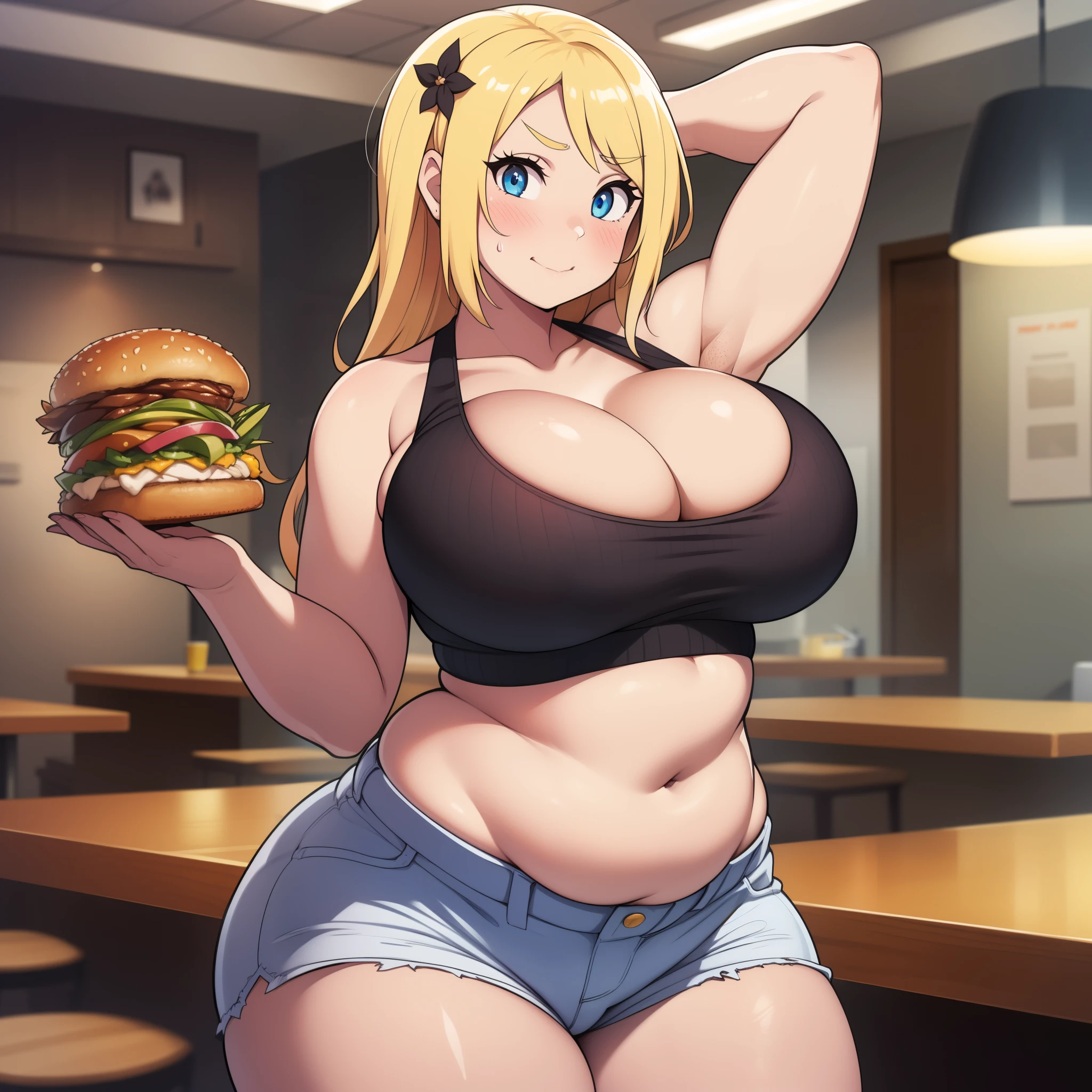 ((highres)), Masterpiece, high quality, best quality, beautiful, perfect lighting, detailed face, ultra cute face, ((1girl)), ((solo)), ((blush)), (embarrassed), looking at viewer, blonde hair, blue eyes, crop top and shorts, skindentation, full body, fast food restaurant, large breasts, perky breasts, cleavage, ((wide hips)), (((thick thighs))), ((plump)), chubby belly, fat folds, standing, arms behind back, embarrassed, table full of food,