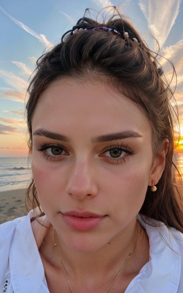 (((hd closeup photo))), (((Marie))) at the beach with sunrise a piercing on the nose