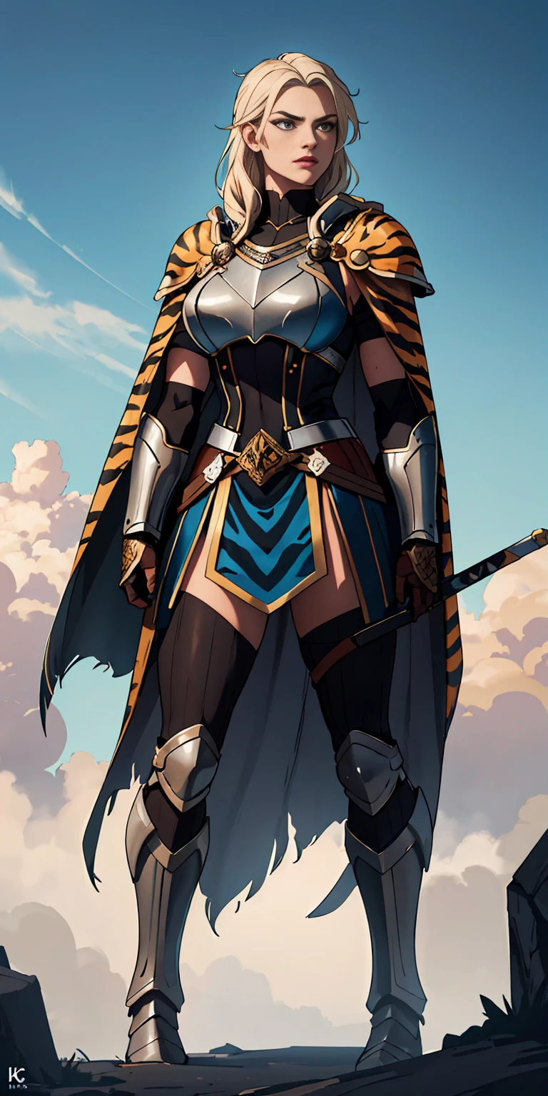 (((black skinned female warrior))), short black hair, green eyes, dynamic pose, wearing Victorian era armor, ((background: a sky full of clouds))