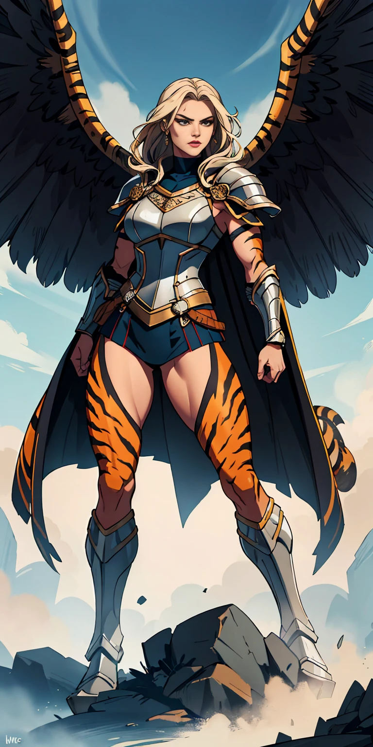 1 Girl (implying one person, likely female) Full Body: Standing with perfect symmetry Muscular Build: Strong and defined physique Turned Arms: Muscular arms positioned behind her back Theme: Epic Fantasy: Set in a fantastical world Asgard: Inspired by Norse mythology (can be subtle or more prominent) Valkyrie/Lady Knight: Combining elements of a fierce warrior and noble protector A motif incorporated into her armor, clothing, or environment (tiger stripes, or a tiger pelt cloak) Visual Style: Hyper Realistic: Incredibly lifelike detail Masterpiece: Exceptional quality 8K Resolution: Sharp and high definition Detailed Drawing: Intricate and richly textured Superior Quality: The best possible rendering Epic Composition: Dramatic and visually stunning