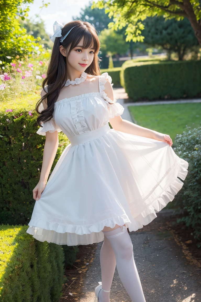 (Practical:1.3), Meticulous attention to detail, quality, (masterpiece:1.2), Delicate skin， (Intricate details), dramatic, Ray Tracing, 1 Girl, Smile, Very long hair, Bangs, Tutu，（（Lolita_skirt））, have,Ribbon,Lace,stocking, High heel, (outdoor, Sunny Day, garden, cloud). The RAW photo is of the highest quality and the virtual photographer's attention to detail. It is elegant and resembles digital painting, for example, concept art or HDR and CGI.