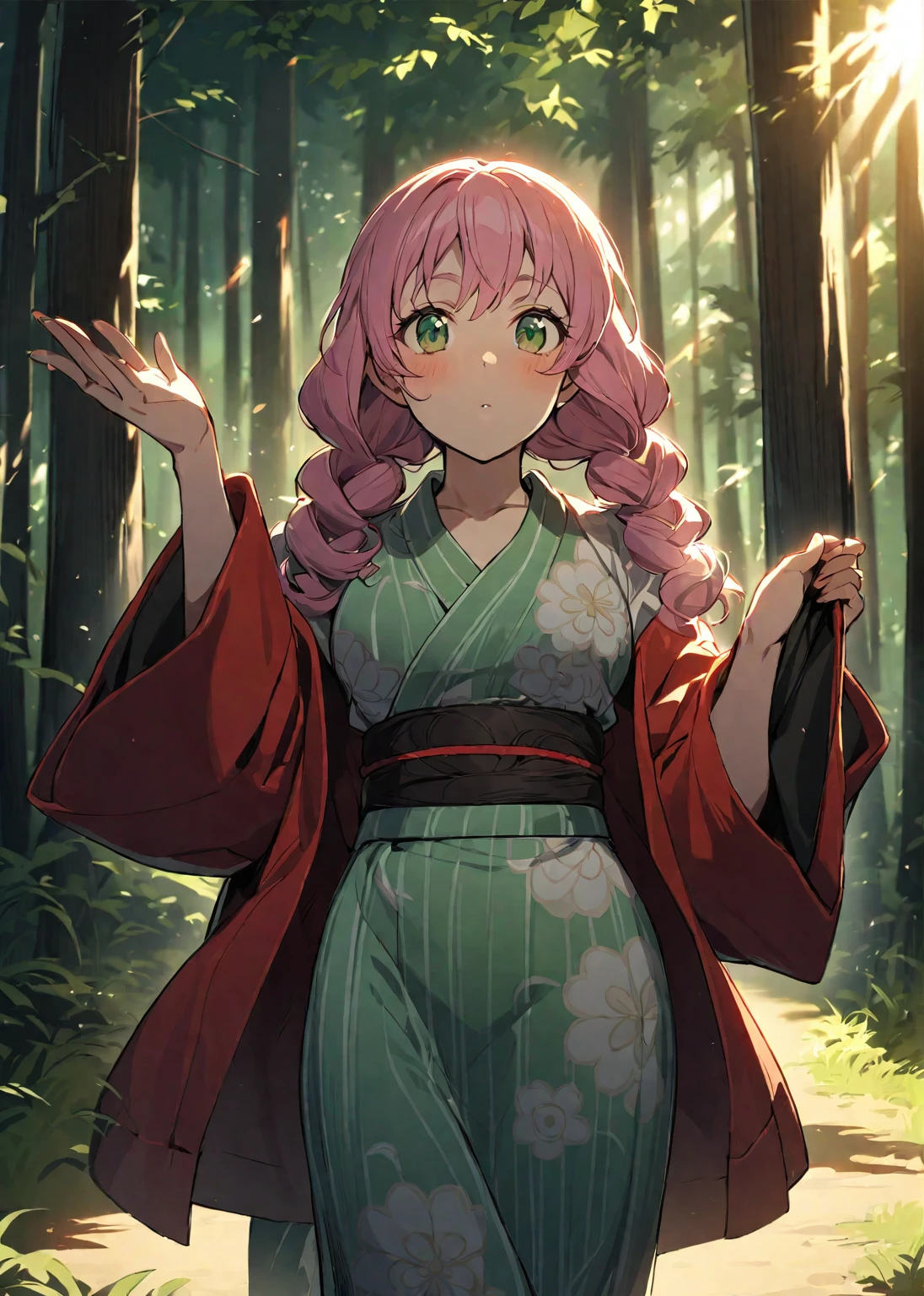 ( The most beautiful masterpiece , Beautiful light , woman ) Kanroji Mitsuri, Kimetsu no Yaiba , green eyes , pink hair green , Single person pic , Light purple yukata , red coat, In the forest , Show the evening sun