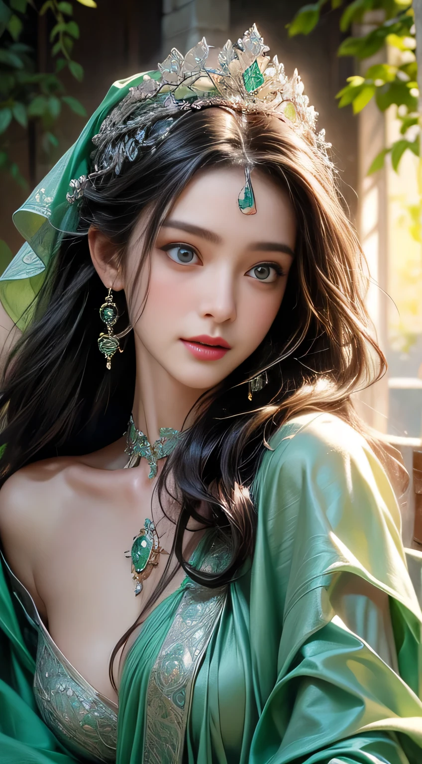 A goddess in perfect half body, a beautiful and super cute face, blue eyes, messy black hair, wearing extremely thin and sexy clothes, beautiful and cute face, detailed eyes, detailed nose, detailed lips, long eyelashes, detailed faces, long hair gray hair, iridescent green flowing cloak intricate and detailed green hues, with calm expression, green stone tiara and earrings, Skin is soft and shiny, Light tanned skin tone, extraordinary elegance, beautiful postures, subtle smile, against the divine light of a sunset. Ethereal atmosphere, serene gardens, blooming flowers, light wind, vivid color, perfect details, Realistic portraits, carefully drawn, High resolution, Professional masterworks, photorealistic art, portraits, Delicate oil brushstrokes, Charming composition, Rich texture, Ethereal beauty , captivating gaze, mesmerizing presence, charming, tranquil and sacred Aura, gracefulness, Charming and elegant, ethereal and otherworldly.”