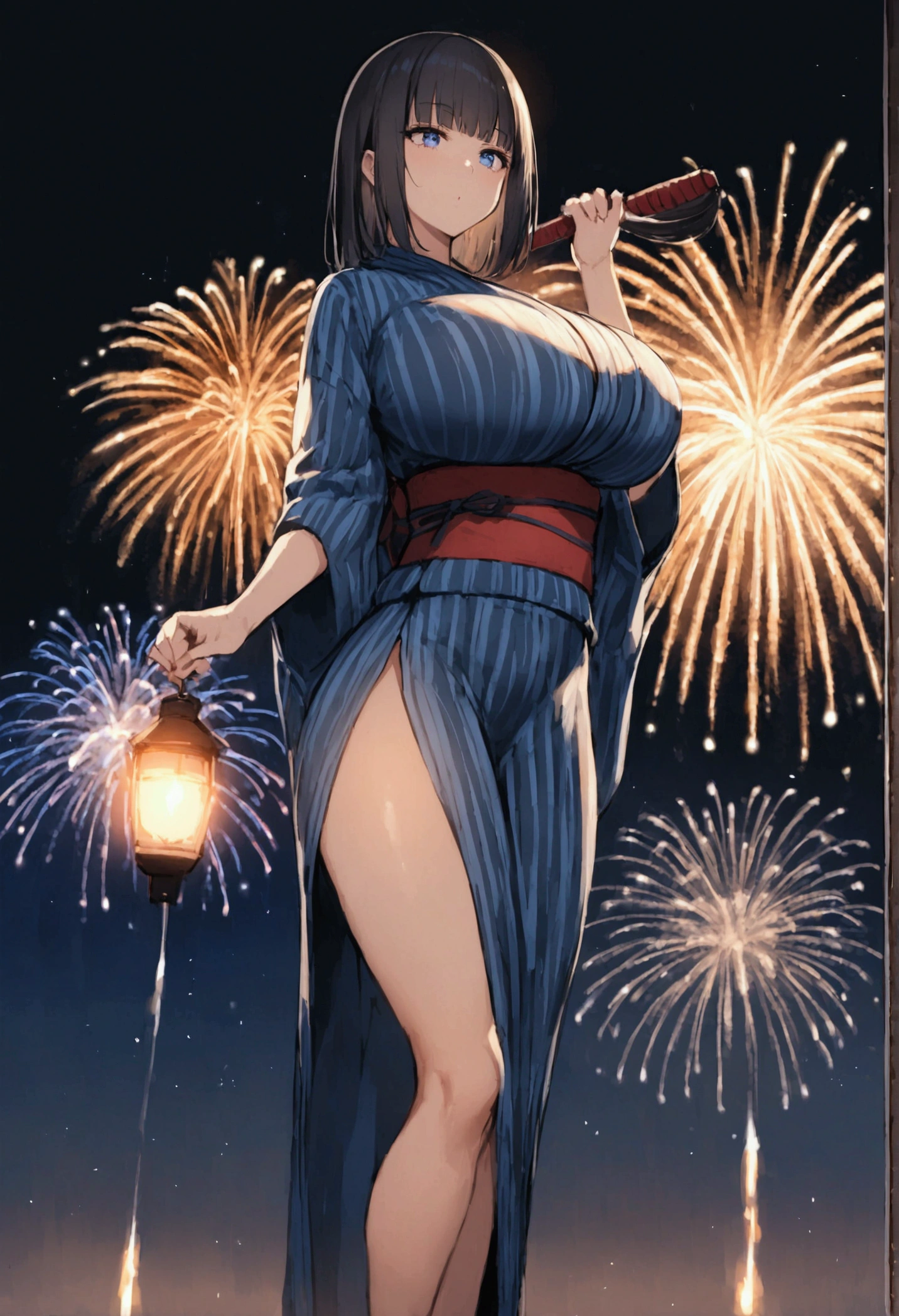 Hime cut with long black hair、Full-body illustration of a girl with straight bangs and blue eyes、Have big breasts、Wearing a yukata、Watching fireworks、Smoking a smoke tube、