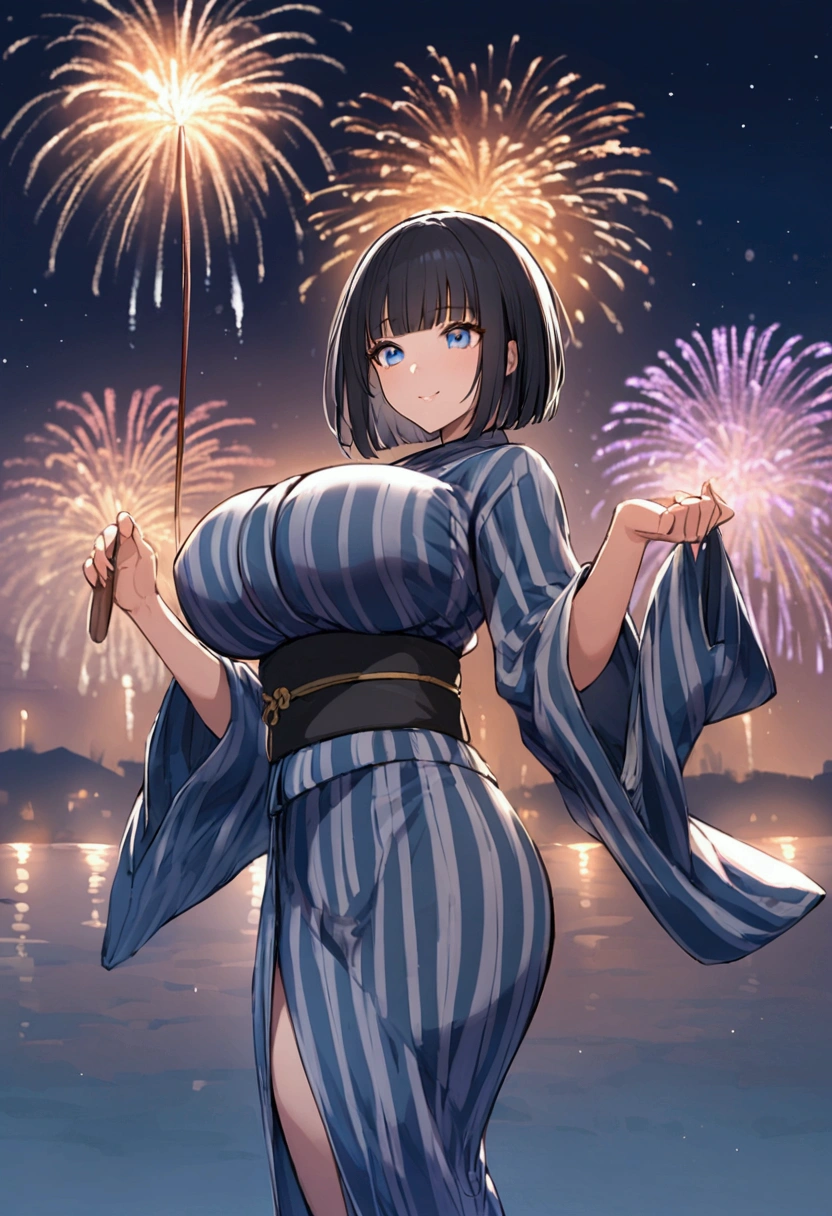 Hime cut with long black hair、Full-body illustration of a girl with straight bangs and blue eyes、Have big breasts、Wearing a yukata、Fireworks being launched