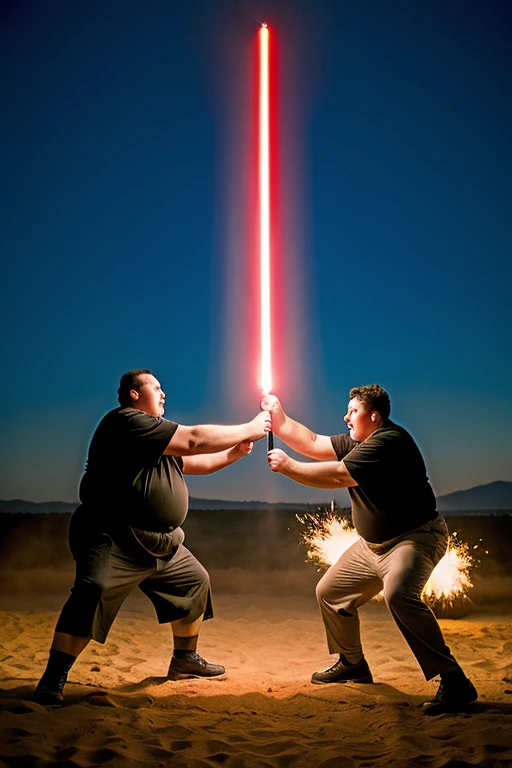 Fat men fighting with lightsabers