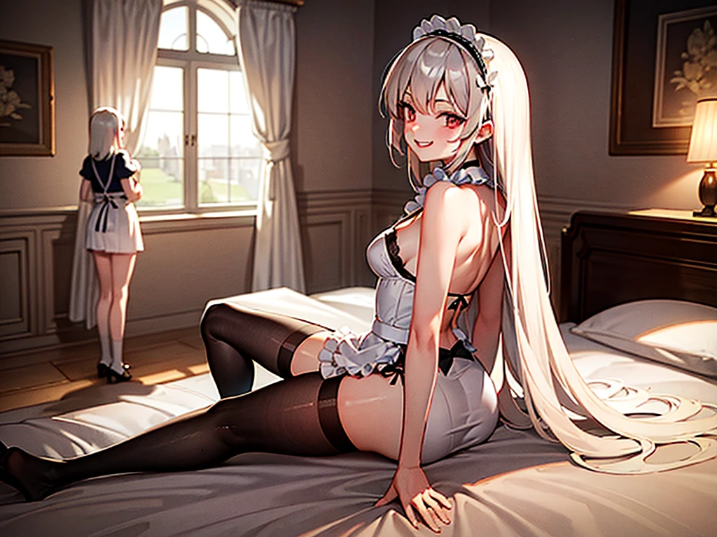 High wuality, 4k, Beatiful castle. Bedroom/chambers. Cute maids standing along the wall, they smile. The king looks outside the window. from behind. short skirt, thong, smirking, teasing.