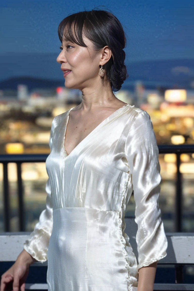 ((Highest quality, 8k, Ultra-high resolution)), ((masterpiece: 1.3)), (Perfect appearance), (Photorealism: 1.6), (1人のJapanese Mature), (60 years old, Japanese Mature), (A Japanese woman standing on a balcony looking at the night view: 1.6), (Woman profile: 1.4), (profile: 1.4), (Late Night: 1.2), ((Woman standing at the edge of the screen: 1.6)), (Stand with your elbows on the railing: 1.2), ((Realistic skin texture)), (Fine wrinkles appear all over the skin, Dullness, Unmoisturized skin, Wrinkles around the eyes, double eyelid, Lower eyelid tear sulcus, Crying Mole, Dimples), Slightly parted lips, (Short bangs), (Party Hair Set: 1.2), (A dress with a loose draped neckline), (deep neckline dress: 1.4), (A dress with a loose fit: 1.4), (long dress in white silk: 1.6), (Bust-up portrait: 1.4),