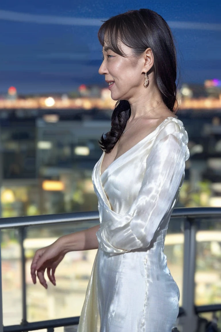 ((Highest quality, 8k, Ultra-high resolution)), ((masterpiece: 1.3)), (Perfect appearance), (Photorealism: 1.6), (1人のJapanese Mature), (60 years old, Japanese Mature), (A Japanese woman standing on a balcony looking at the night view: 1.6), (Woman profile: 1.4), (profile: 1.4), (Late Night: 1.2), ((Woman standing at the edge of the screen: 1.6)), (Stand with your elbows on the railing: 1.2), ((Realistic skin texture)), (Fine wrinkles appear all over the skin, Dullness, Unmoisturized skin, Wrinkles around the eyes, double eyelid, Lower eyelid tear sulcus, Crying Mole, Dimples), Slightly parted lips, (Short bangs), (Party Hair Set: 1.2), (A dress with a loose draped neckline), (deep neckline dress: 1.4), (A dress with a loose fit: 1.4), (long dress in white silk: 1.6), (Bust-up portrait: 1.4),