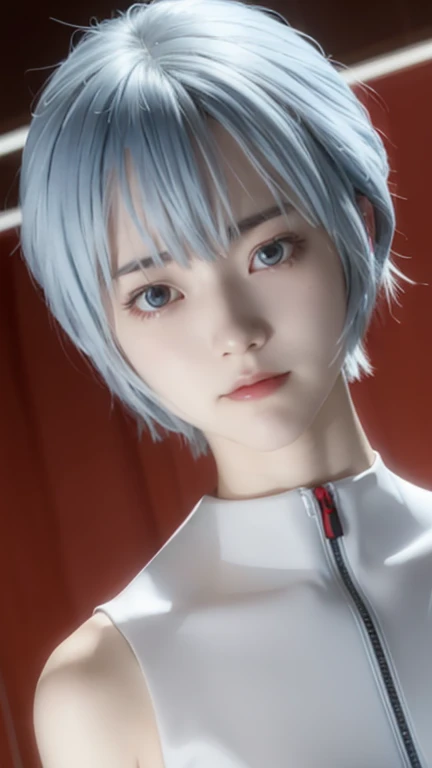 Evangelion、Rei Ayanami、One girl, Ayanami Rei, alone, Red eyes, （（Plug Suit,）） short hair, Blue Hair, chest, Bodysuits,whole body, white Bodysuits, School classroom、 White interface headset, bangs, Mouth closed, A little smile、Hair between the eyes, medium chest, high quality, slow,Moist eyes、Watery eye、Troubled face、Rei Ayanami、Are standing、