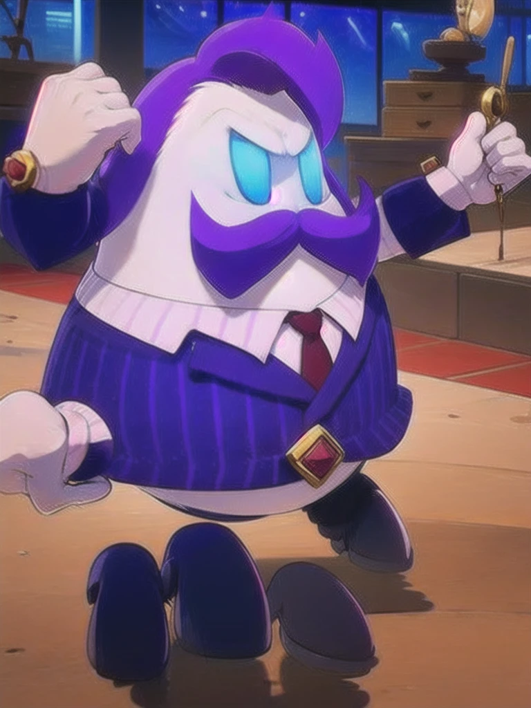  haltmann, purple hair, purple mustache, arms, wearing a dark blue suit with pink vertical lining, pink shirt, red tie, black shoes, gold suit button with a red diamond, pale purple gloves, pink cuffs, pale purple skin, blue eyes, golden earpiece with antenna