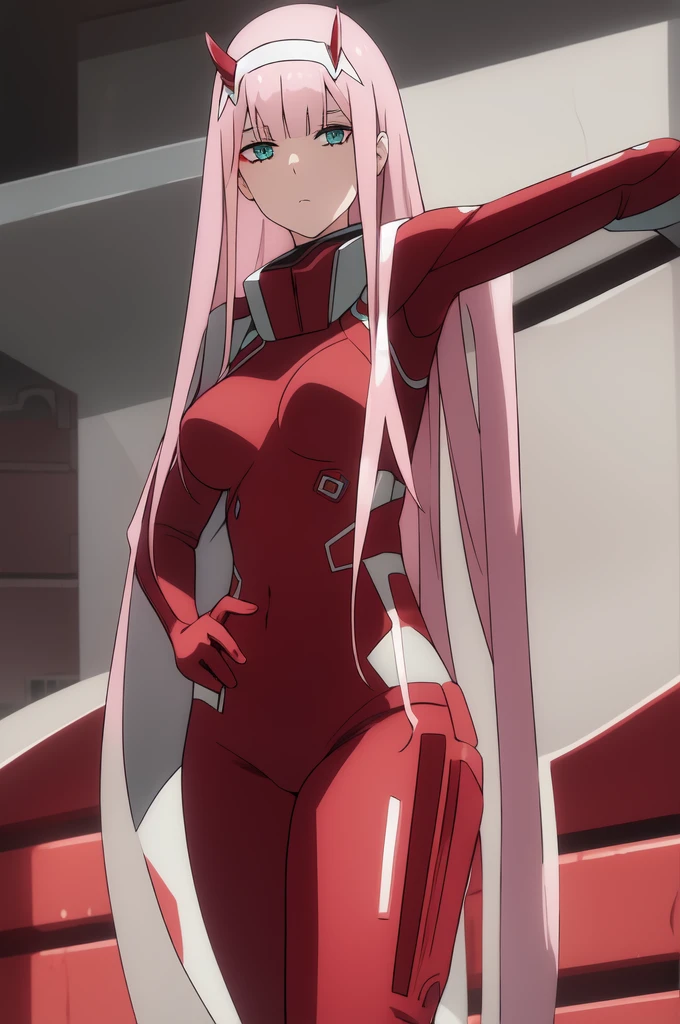 ((best quality)),((highly detailed)),masterpiece,absurdres,detailed face,beautiful face,((detailed eyes, deep eyes)),(1girl),((dynamic pose)), Zero_Two, green eyes, 1girl, solo, red bodysuit, long hair, pilot suit, pink hair, bodysuit, straight hair, hairband, standing, horns, breasts, bangs, closed mouth, looking at viewer, medium breasts, white hairband, skin tight, blunt bangs, makeup, eyeshadow, very long hair, sidelocks, expressionless, hair between eyes, red horns, shiny hair, from behind