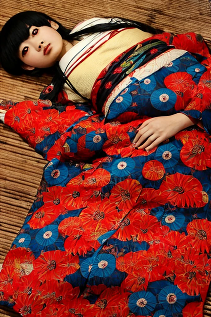 Low - Angle、Highest quality,Very detailed Japanese swamp monster in red kimono、Spread your legs and show your vagina、Dark night fog