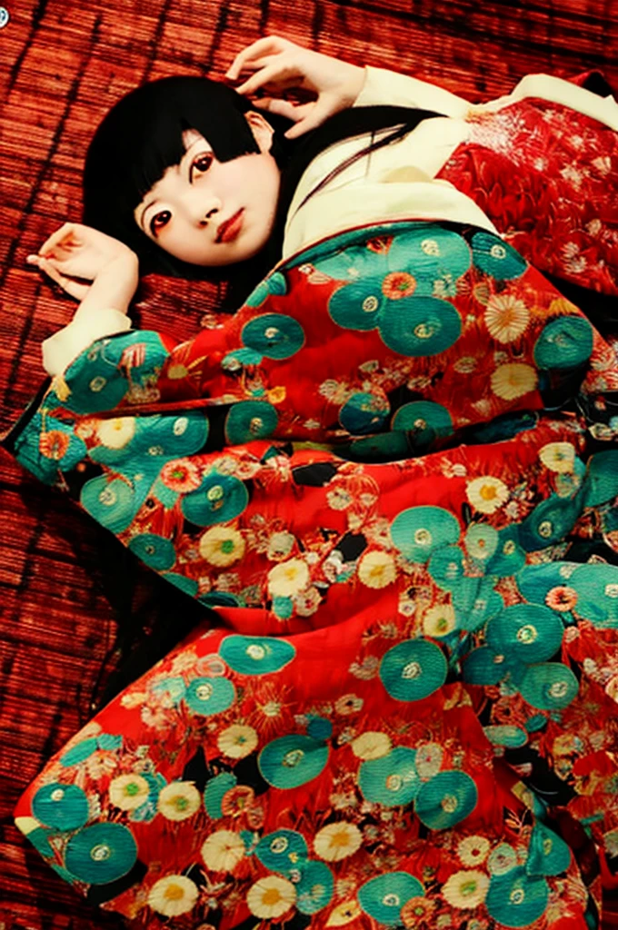 Low - Angle、Highest quality,Very detailed Japanese swamp monster in red kimono、Spread your legs and show your vagina、Dark night fog