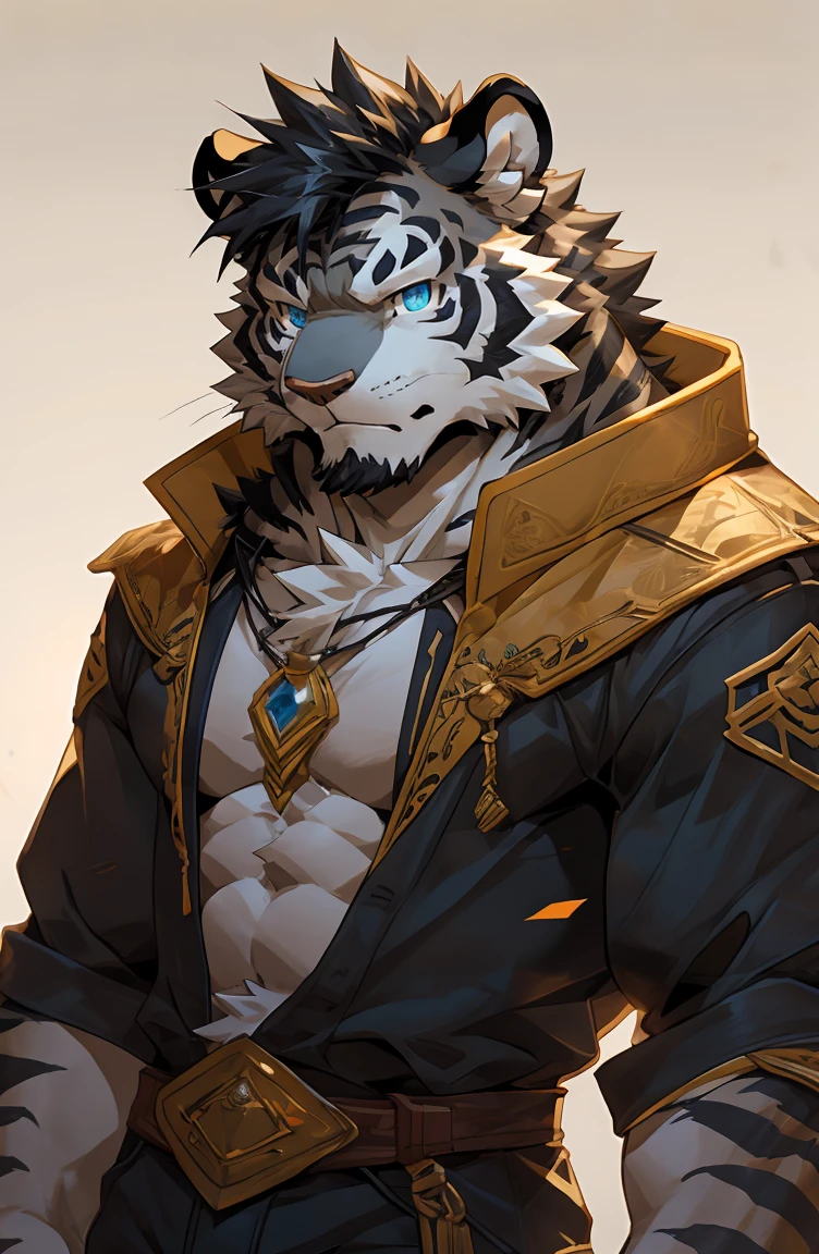 (by sollyz),white tiger,white body,detail face, detail eyes, detail,male,(naked),pants,furry, short hair,
,blue eyes,black body,black hair,handsome,simple background,shop
strong,epic,