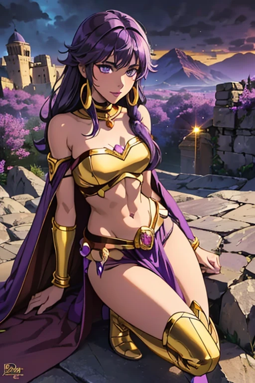 Fantasy style, Fantasy environment, A beautiful young sorceress (1 girl), dark-skinned female, with long purple flowing hair, purple eyes, purple iris, mascaras purple eyeshadow, smile, purple lipstick, skin covered in purple markings, ((Wearing: golden ringed earrings, purple cape, purple strapless top, purple loincloth, pelvic curtain, golden armlets, golden boots)), ((Holding a golden staff)), looking mature and alluring at 28 years old, (detailed eyes, detailed lips, extremely detailed face), intricate detailed portrait, photo realistic, 8k, highly detailed, cinematic lighting, warm color palette, castle ruins background, detailed foliage, golden hour lighting, dramatic lighting, dramatic pose, sensual, alluring, captivating gaze, masterpiece, (Night time, ethereal and magical atmosphere, outdoors, dark clouds in the sky, purple lighting, purple and magenta aroura's in the surroundings, gorgeous view of the mountains)
