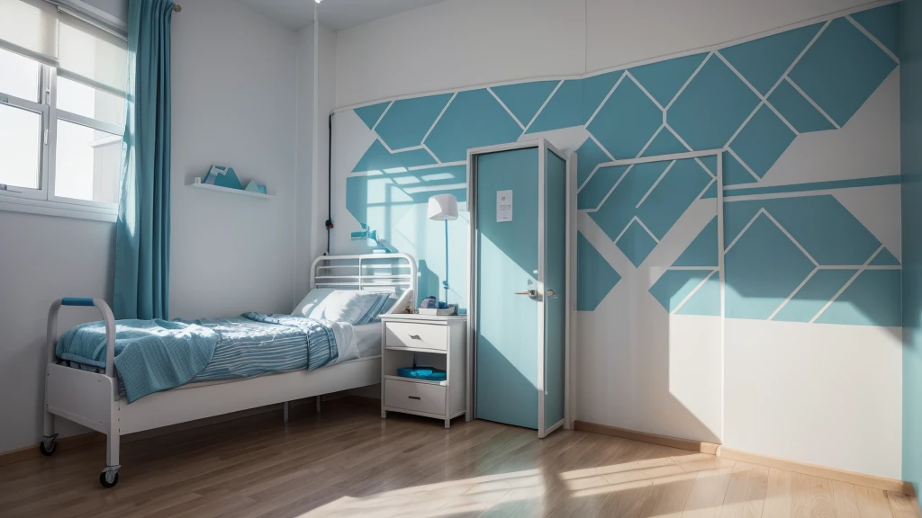 make a long hospital wall with colorful geometric designs in shades of blue