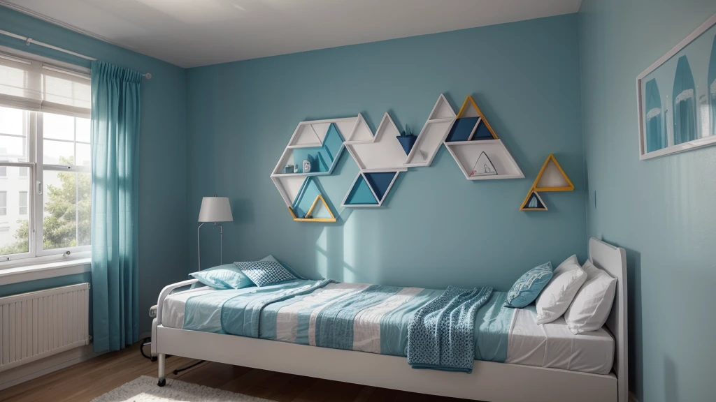 make a long hospital wall with colorful geometric designs in shades of blue