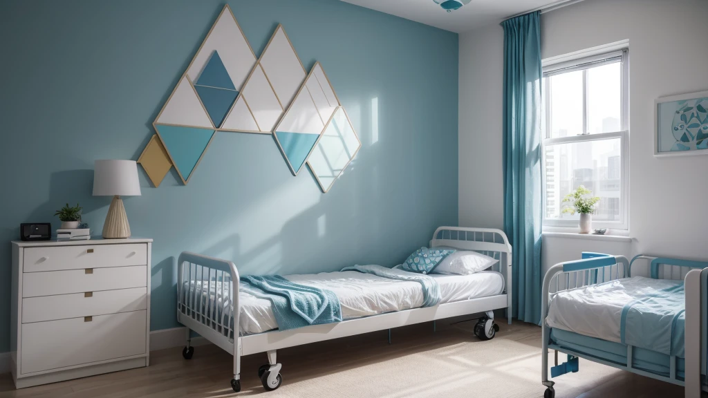 make a long hospital wall with colorful geometric designs in shades of blue