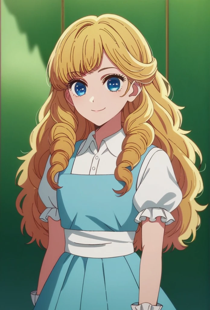 oshi_no_ko_style,blonde curls,sidecurls,fluffy fringe bangs,blue eyes,long eyelashes,cowboyshot,standing,,soft smile,long hair,masterpiece,highres,absurdres,(white puffy short sleeves),collared blouse,solo,frilled cuffs,,teen,(baby blue pinafore dress),frilled wristgloves,frilled sweatheart neckline,white sash around the waist,peter pan collar,side curls,princess curls,puffy skirt ended in a frilled white hemline