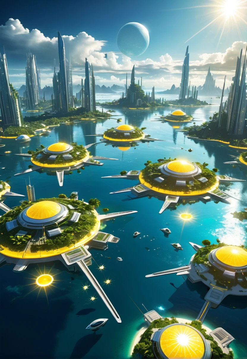 Wide angle, futuristic paradisiacal city with islands and floating buildings with yellow solar lights, strong solar reflection, yellow giant star