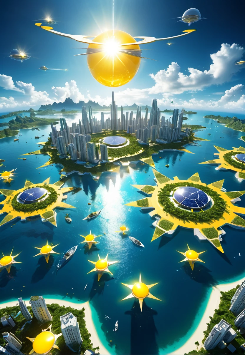 Wide angle, futuristic paradisiacal city with islands and floating buildings with yellow solar lights, strong solar reflection, yellow giant star