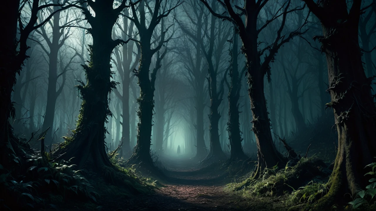 haunting forest atmosphere, chiaroscuro lighting, dark and moody colors, gothic horror, intricate details, cinematic composition, dramatic shadows, photorealistic, 8k, hyper detailed, masterpiece, dark fantasy, moody, atmospheric, dramatic, cinematic composition, realistic textures, highly detailed