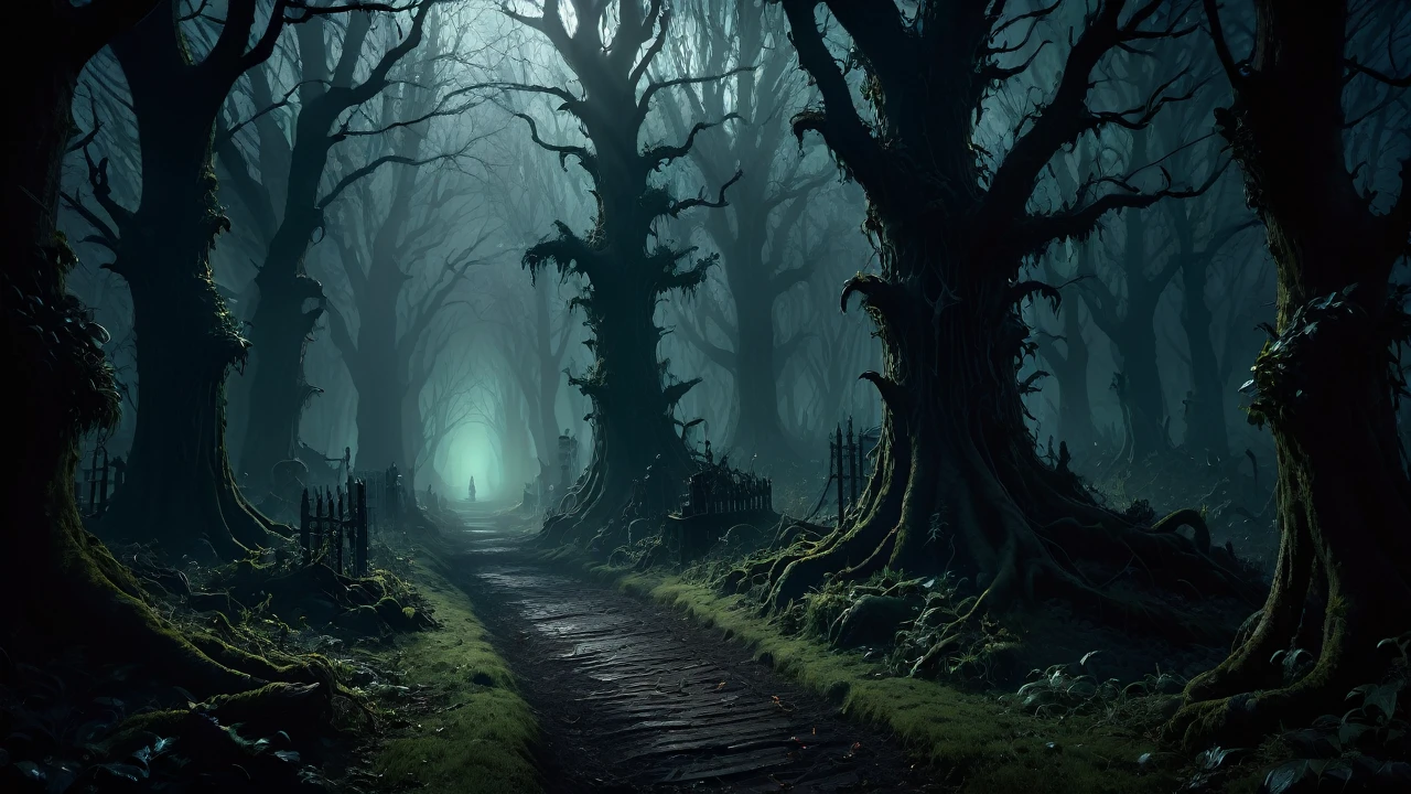 The forest path, with twisted trees and eerie, glowing eyes peering from the darkness.