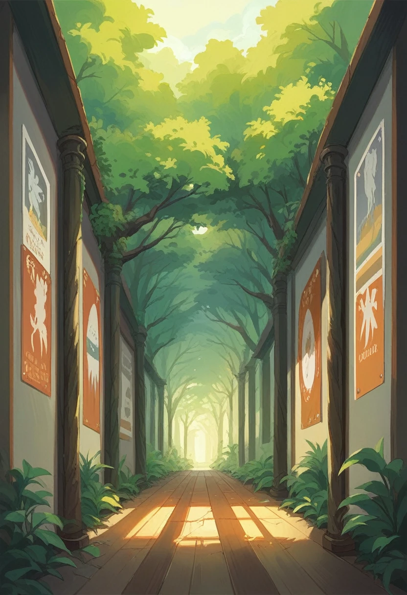 poster for the open air "Flash" taking place in the forest, on the poster forest, corridor to the dance floor, illuminated path, date 27.07