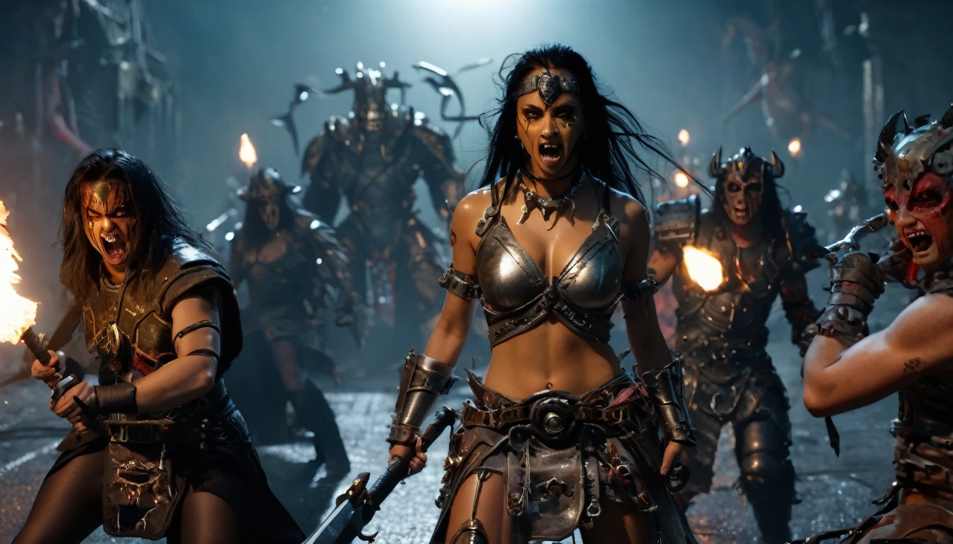 (3D rendering:3.1) in (medium full shot:3.1) of lot of characters from (heavy metal magazine:3.1), inspired by style of Greg Rutkowski art, female barbarian warriors in battles with swords and shields in external battlefield, with fog and space creatures. (beautiful face females:2.5) (with Creepy, Sci-Fi, Fantasy and Horror:2.9), directed by ridley scott (Cinematic:3.1), horror movie, horrified, terrified, insane, disgusting, disturbing, Impactful, cgsociety, hyper-detailed, digital illusions, cyberspace, photorealistic, arts visuals. Ultra detailed, RAW photo, artstation style, concept art, (masterpiece:2.9), 8k, realistic textures, (3D rendering:3.1)
