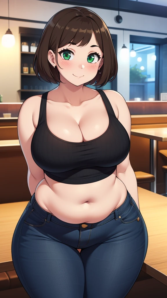 ((highres)), Masterpiece, high quality, best quality, beautiful, perfect lighting, detailed face, ultra cute face, looking at viewer, on a date, ((blush)), affectionate smile, ((1girl)), ((solo)), brown hair, fluffy hair, green eyes, jeans, crop top, tight clothes, fast food restaurant, medium breasts, cleavage, wide hips, ((thick thighs)), ((chubby)), chubby belly, standing, arms behind back, leaned over, cute pose,