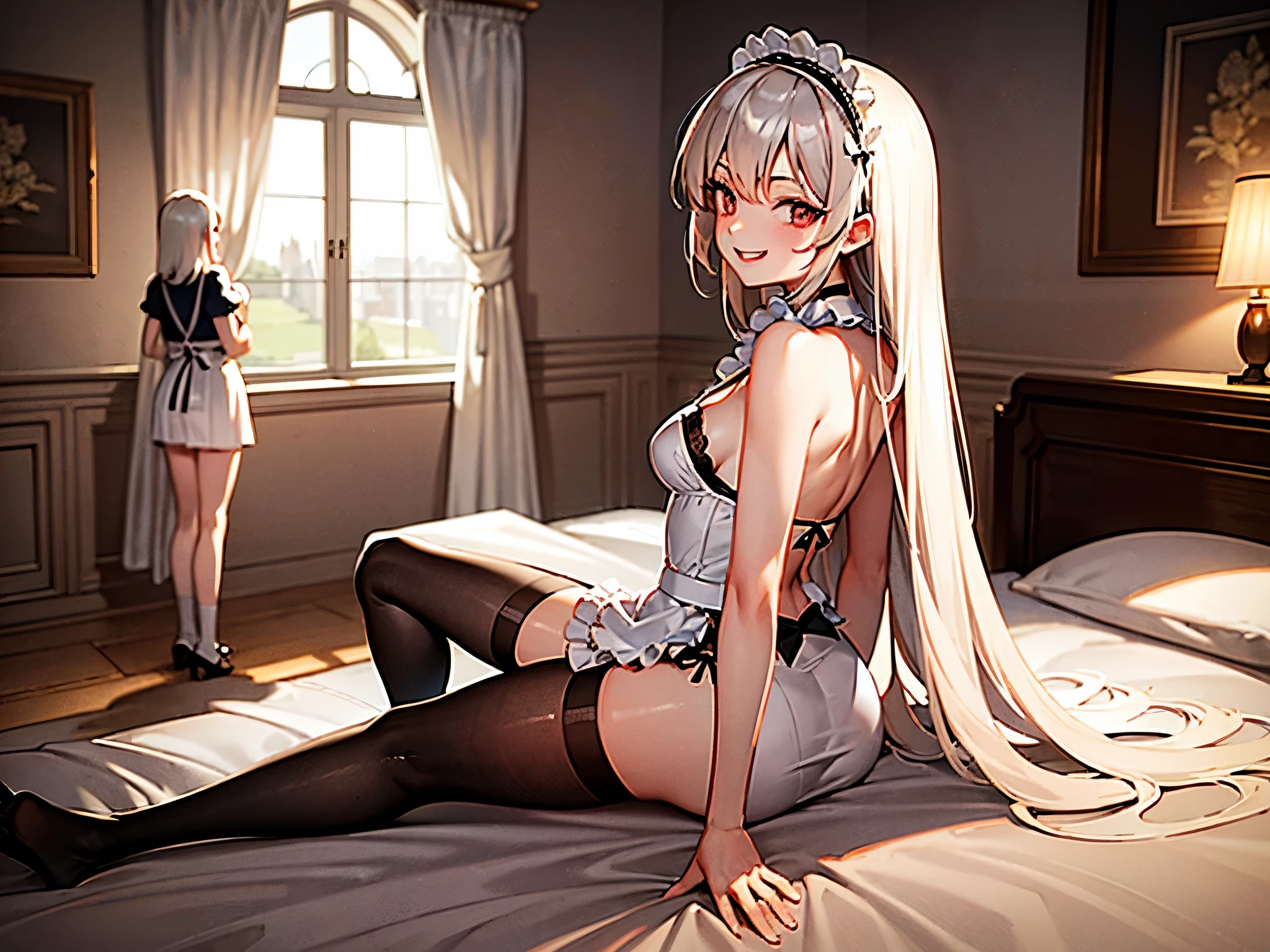 Maid clothes　Dark Elf　Alluring thighs　Knee-high socks　Large Breasts