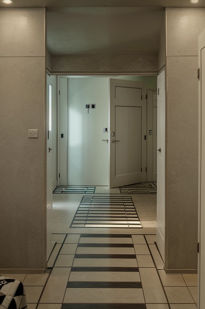 two walls each one with a door. In the front dead end wall there is an upside down door covered with crossed tape. Chess Checkered ceiling. There is one path that leads to the door on the left and another path that leads to the door on the right. Realistic.